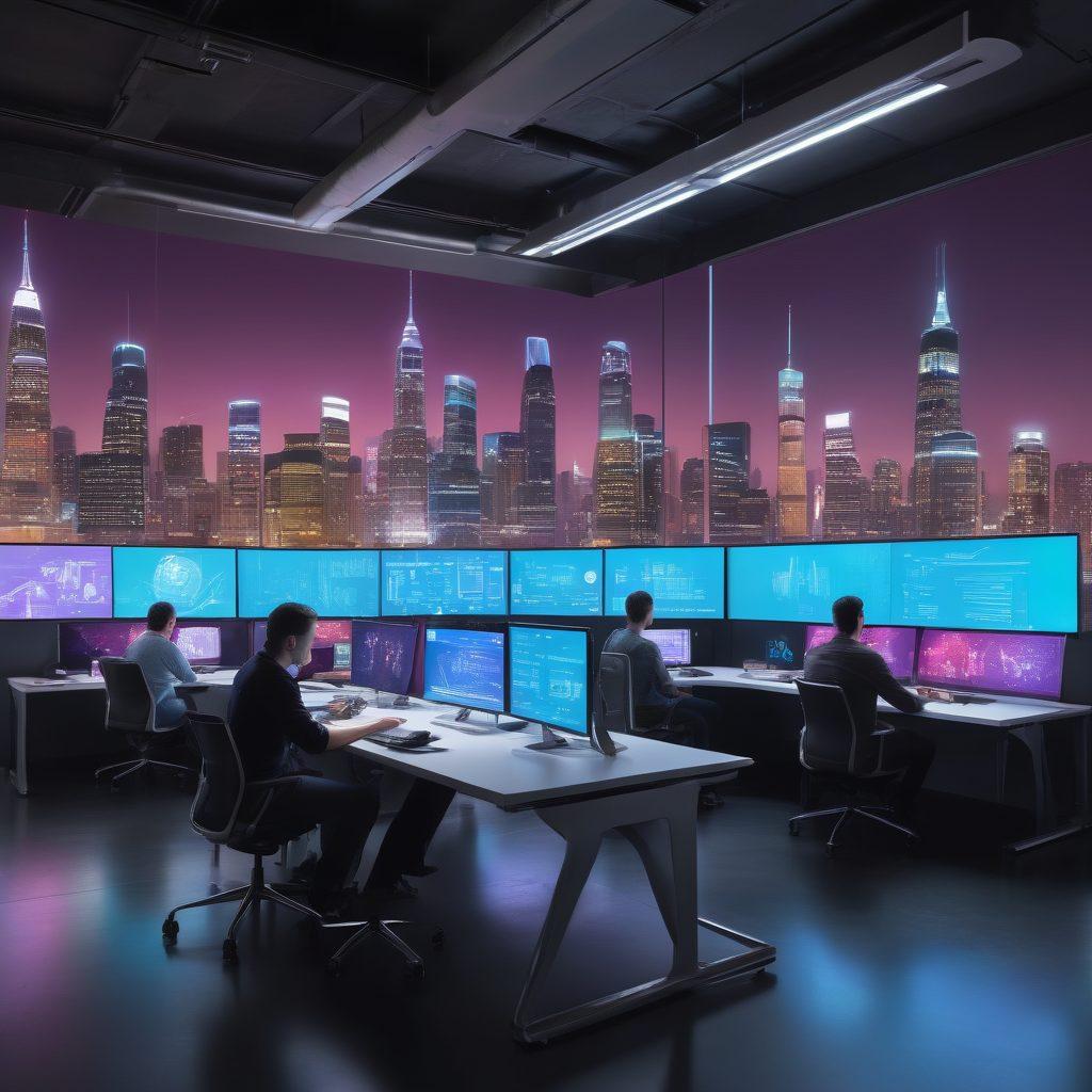 A dynamic scene illustrating a futuristic workspace filled with floating digital code snippets and holographic screens showcasing programming languages. Incorporate a diverse group of developers, deeply focused, collaborating over a sleek, high-tech table. The background features a city skyline with glowing tech elements, symbolizing innovation and growth in software development. Bright, engaging colors create an inspiring atmosphere. super-realistic. vibrant colors. 3D.