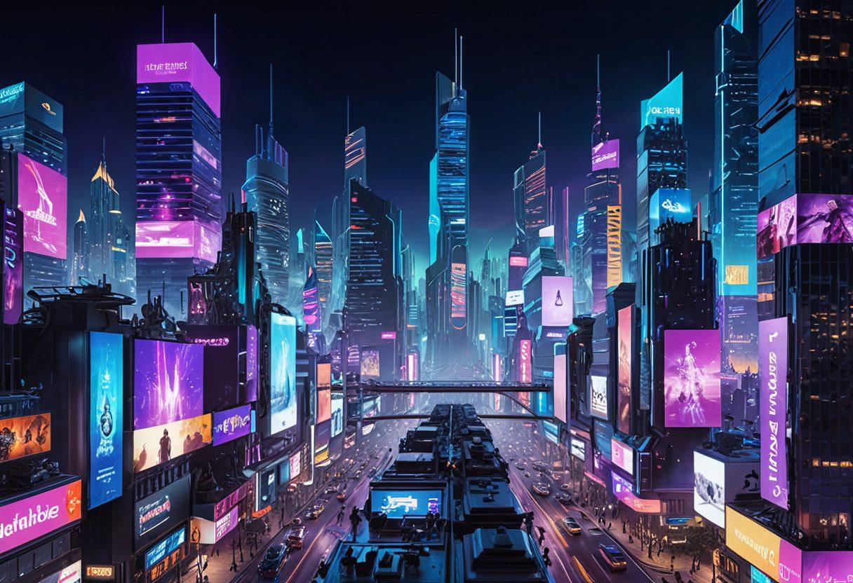 A futuristic cityscape with digital billboards showcasing tech tips, pathways illuminated by holographic maps, and diverse people engaged with various gadgets. The sky is a gradient of blue to purple, symbolizing innovation and technology. The scene captures a sense of movement and connectivity, highlighting the journey through the digital world. super-realistic. vibrant colors. cyberpunk.