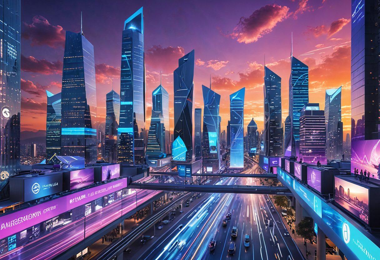 A futuristic cityscape featuring advanced web design elements integrated into the architecture, with coding symbols and digital innovation motifs prominently displayed. The scene is buzzing with people interacting with holographic interfaces and AI technology, embodying a vibrant and dynamic atmosphere. A glowing sunset casts a warm light over the skyline, blending vivid blues and purples for a tech-inspired vibe. super-realistic. vibrant colors. 3D.